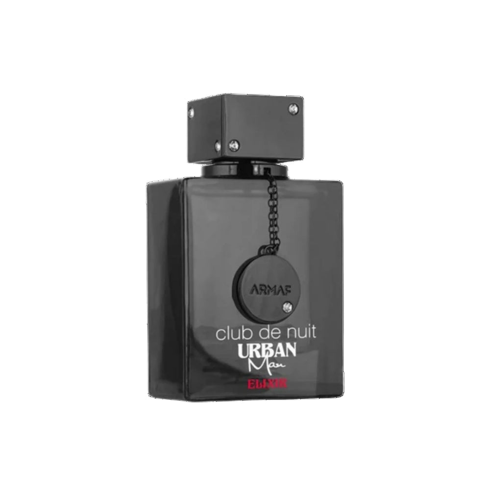 Black perfume bottle labeled 'Urban Men Club de Nuit' by Armaf on a white background