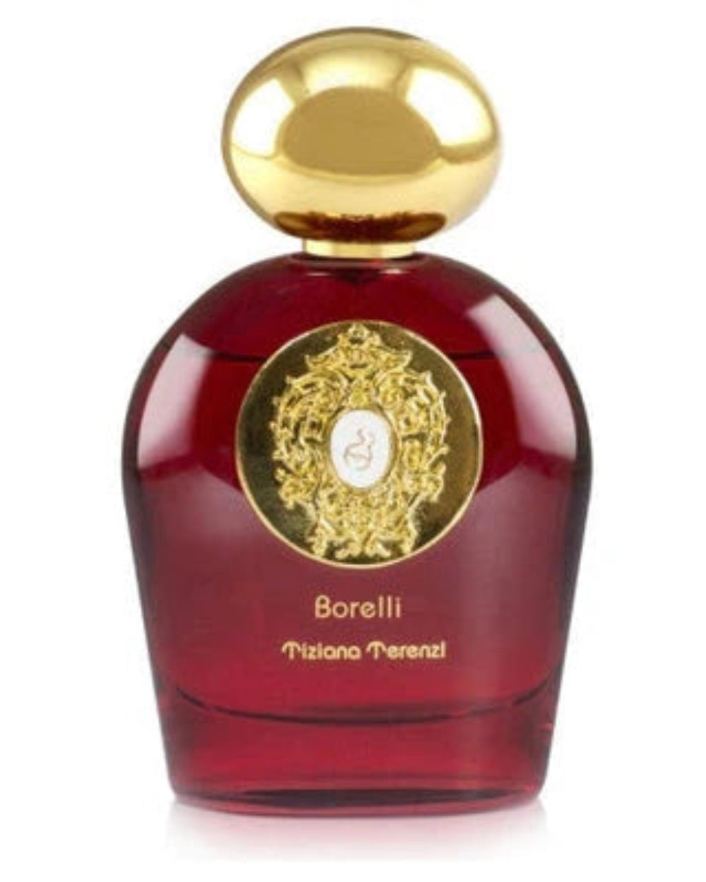 Red Borelli perfume bottle with gold cap on a white background