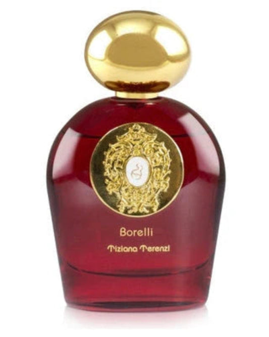 Red Borelli perfume bottle with gold cap on a white background
