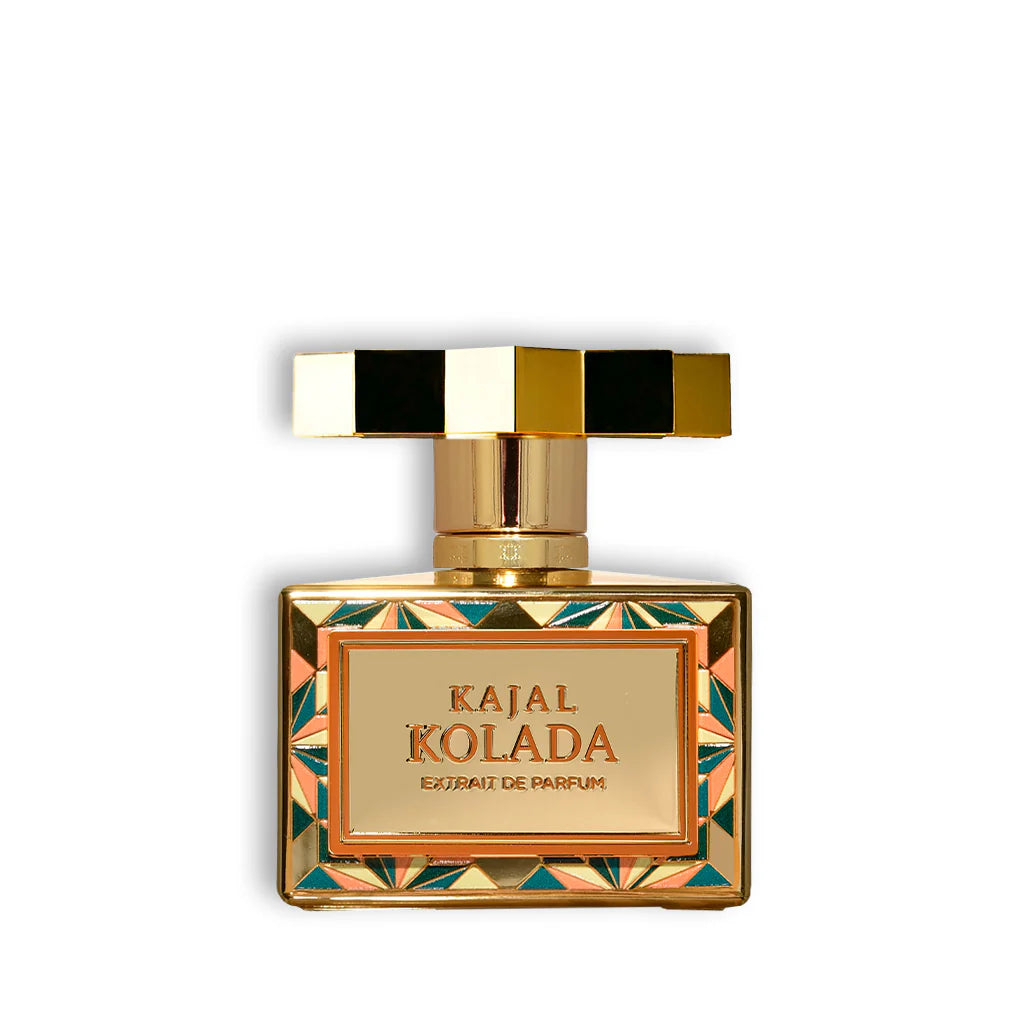 Perfume bottle with gold and black design on a white background